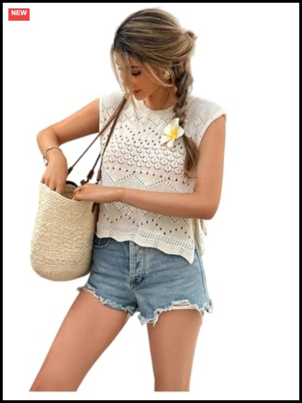Crochet Knit Sweater Vest Tank Top Tie Side Sleeveless Crew Neck